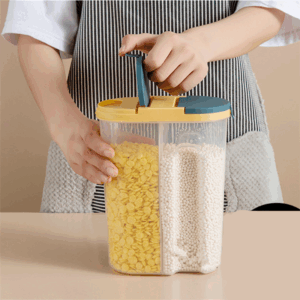 Large Blue Double Grid Cereals Jar Plastic Food Storage with Lids
