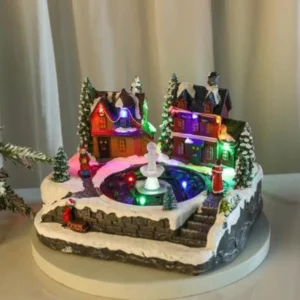 Christmas Scene Village House Figurine Colorful LED Lighted Musical Fountain Home Decoration for Xmas Desktop Bedroom