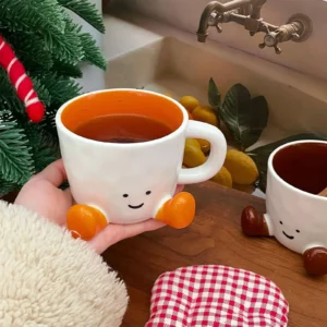 1pcs Happy Face Coffee Mug With Handle Ceramic Coffee Cup With Cute Feet Water Cups Birthday Gifts Office & Home Decors