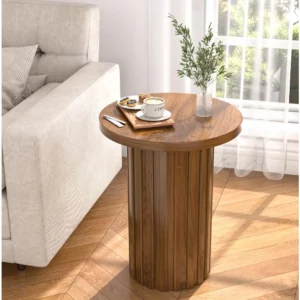 Rustic Round Pedestal Side Table with Fluted Panel for Small Living Spaces in Walnut Finish