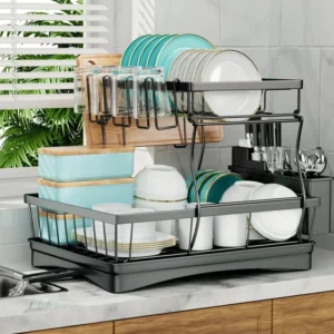 Large 2-Tier Dish Drying Rack for Kitchen Countertops Removable High-Capacity Drainer Shelf for Plates Bowls Cups Utensils